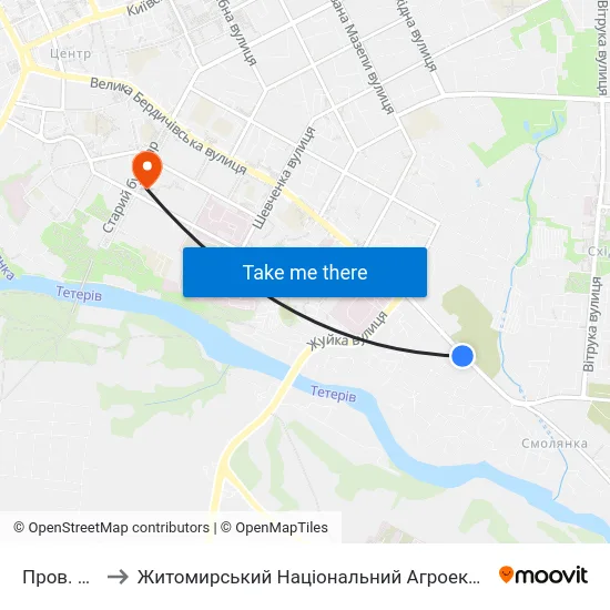 Пров. 3-Й Магазинний to Житомирський Національний Агроекологічний Університет / Zhytomyr National Agroecological University map