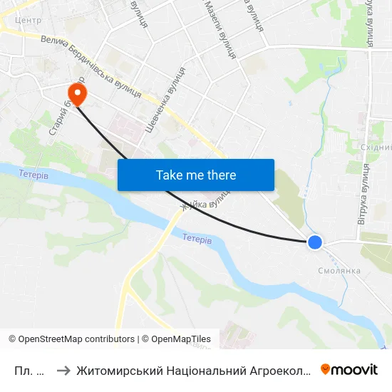 Пл. Смолянська to Житомирський Національний Агроекологічний Університет / Zhytomyr National Agroecological University map