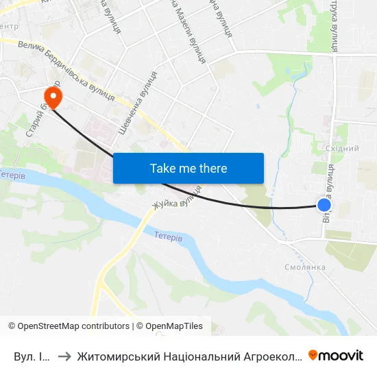 Вул. Івана Огієнка to Житомирський Національний Агроекологічний Університет / Zhytomyr National Agroecological University map