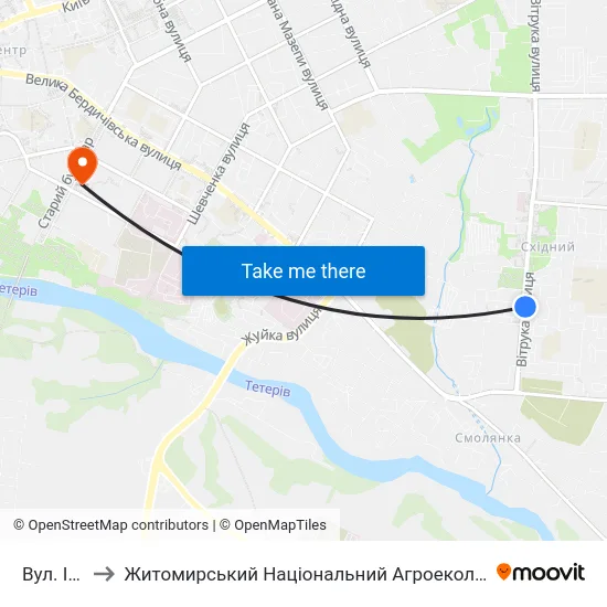 Вул. Івана Огієнка to Житомирський Національний Агроекологічний Університет / Zhytomyr National Agroecological University map