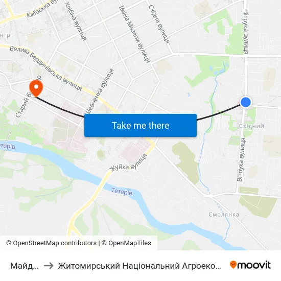 Майдан Польовий to Житомирський Національний Агроекологічний Університет / Zhytomyr National Agroecological University map