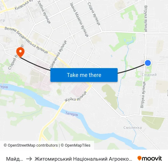 Майдан Польовий to Житомирський Національний Агроекологічний Університет / Zhytomyr National Agroecological University map