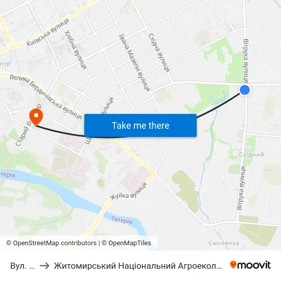 Вул. Корольова to Житомирський Національний Агроекологічний Університет / Zhytomyr National Agroecological University map