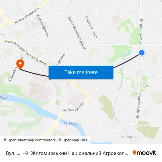 Вул. Корольова to Житомирський Національний Агроекологічний Університет / Zhytomyr National Agroecological University map