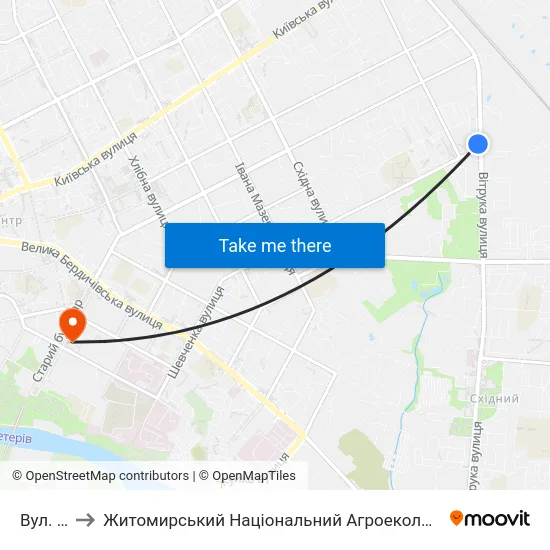 Вул. Шевченка to Житомирський Національний Агроекологічний Університет / Zhytomyr National Agroecological University map