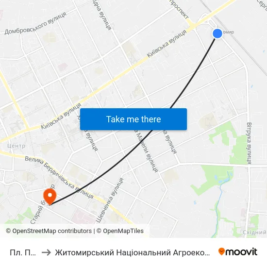 Пл. Привокзальна to Житомирський Національний Агроекологічний Університет / Zhytomyr National Agroecological University map