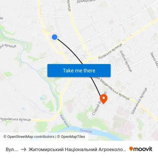 Вул. Ольжича to Житомирський Національний Агроекологічний Університет / Zhytomyr National Agroecological University map