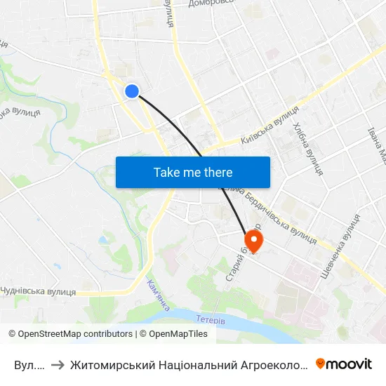 Вул. Ольжича to Житомирський Національний Агроекологічний Університет / Zhytomyr National Agroecological University map