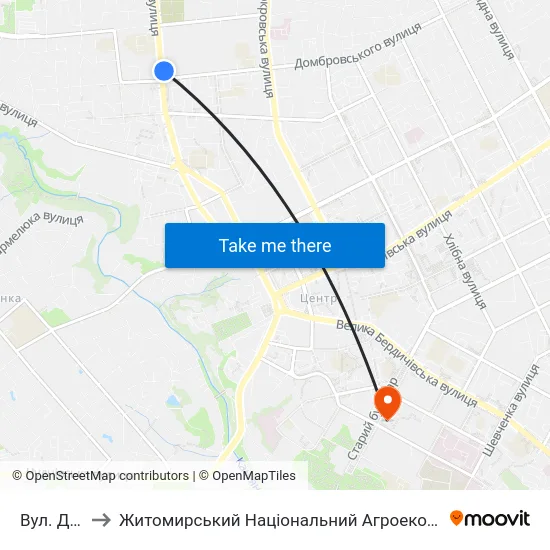 Вул. Домбровського to Житомирський Національний Агроекологічний Університет / Zhytomyr National Agroecological University map