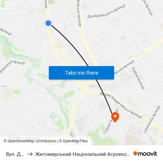 Вул. Домбровського to Житомирський Національний Агроекологічний Університет / Zhytomyr National Agroecological University map