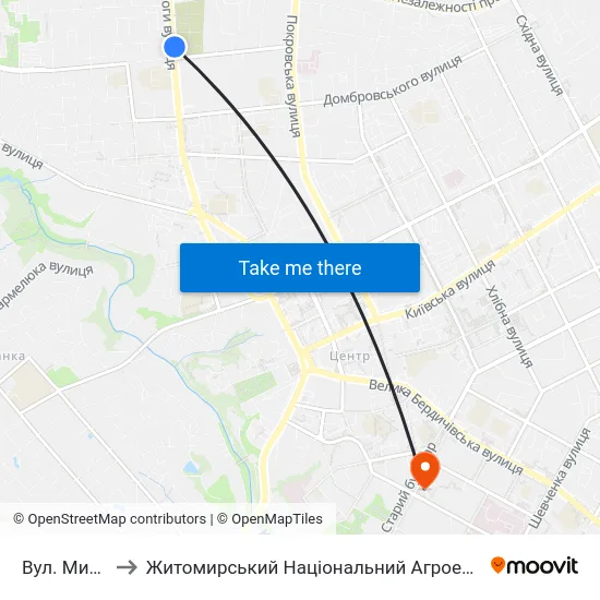 Вул. Миколи Сціборського to Житомирський Національний Агроекологічний Університет / Zhytomyr National Agroecological University map