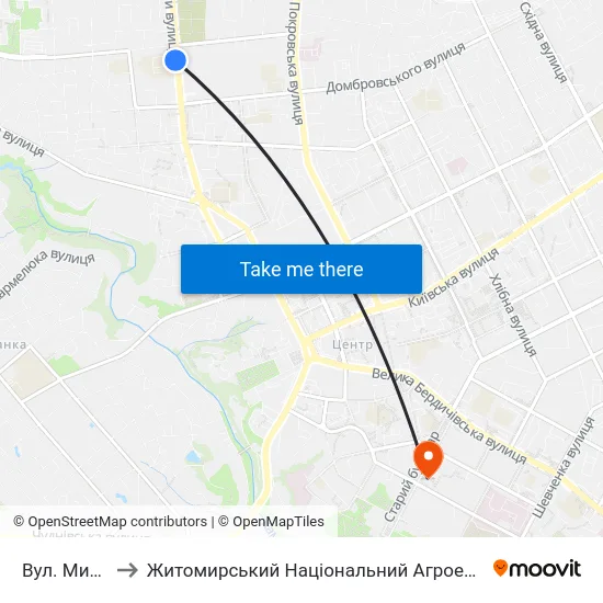 Вул. Миколи Сціборського to Житомирський Національний Агроекологічний Університет / Zhytomyr National Agroecological University map