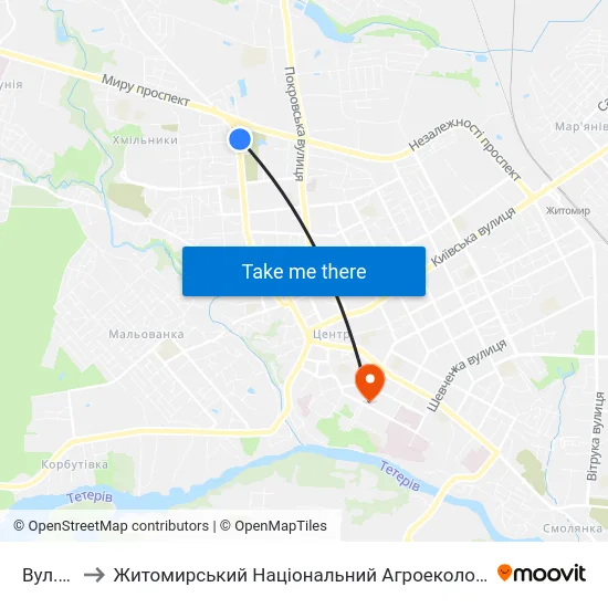 Вул. Перемоги to Житомирський Національний Агроекологічний Університет / Zhytomyr National Agroecological University map