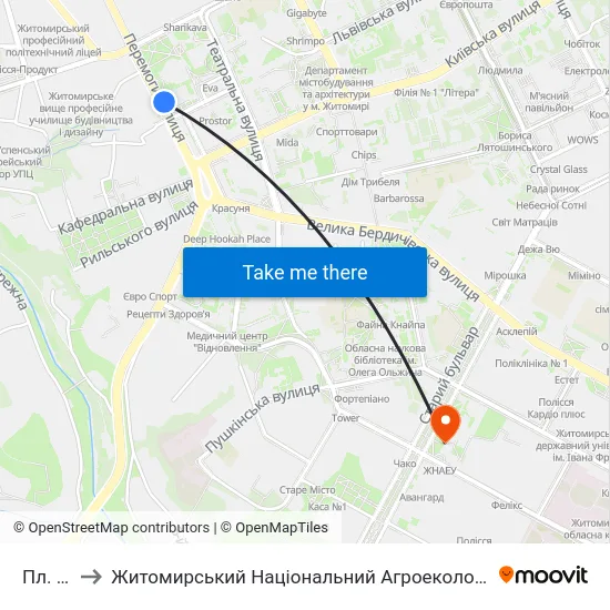 Пл. Перемоги to Житомирський Національний Агроекологічний Університет / Zhytomyr National Agroecological University map