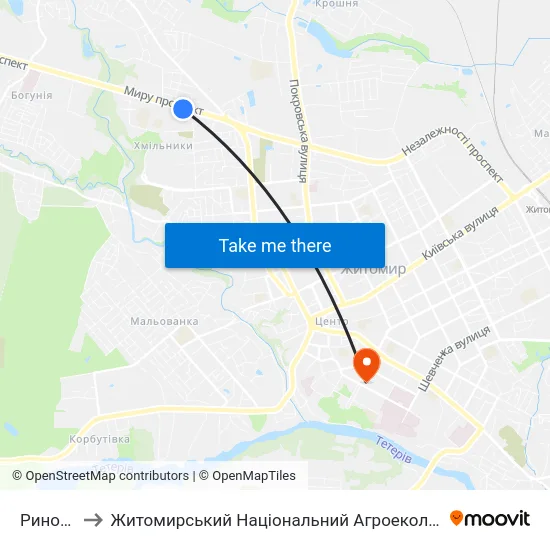 Ринок Хмільники to Житомирський Національний Агроекологічний Університет / Zhytomyr National Agroecological University map