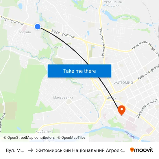 Вул. Маршала Жукова to Житомирський Національний Агроекологічний Університет / Zhytomyr National Agroecological University map