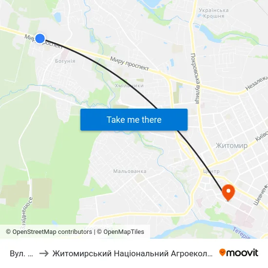 Вул. Офіцерська to Житомирський Національний Агроекологічний Університет / Zhytomyr National Agroecological University map