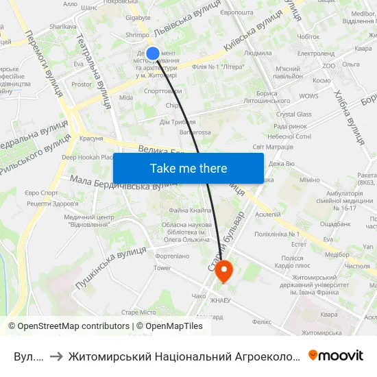 Вул. Київська to Житомирський Національний Агроекологічний Університет / Zhytomyr National Agroecological University map