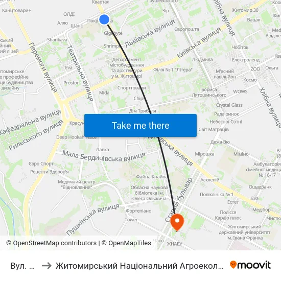Вул. Покровська to Житомирський Національний Агроекологічний Університет / Zhytomyr National Agroecological University map
