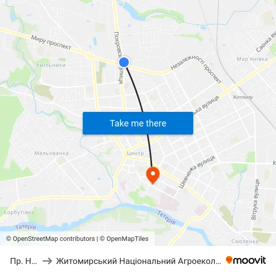 Пр. Незалежності to Житомирський Національний Агроекологічний Університет / Zhytomyr National Agroecological University map