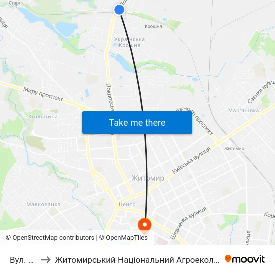 Вул. Звягельська to Житомирський Національний Агроекологічний Університет / Zhytomyr National Agroecological University map
