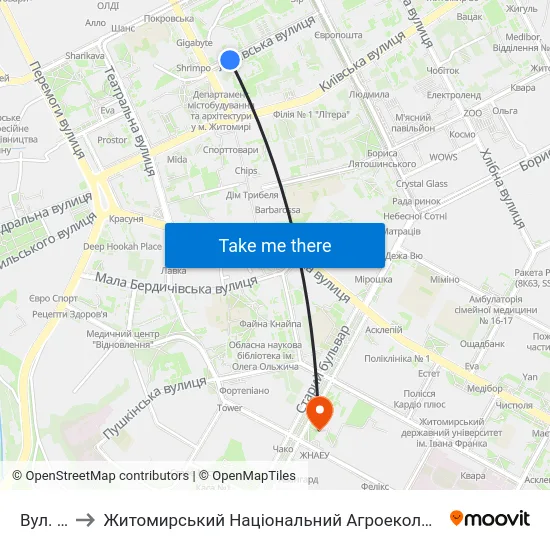 Вул. Львівська to Житомирський Національний Агроекологічний Університет / Zhytomyr National Agroecological University map