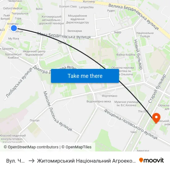 Вул. Черняховського to Житомирський Національний Агроекологічний Університет / Zhytomyr National Agroecological University map