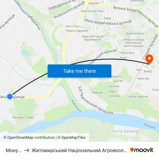 Монумент Слави to Житомирський Національний Агроекологічний Університет / Zhytomyr National Agroecological University map