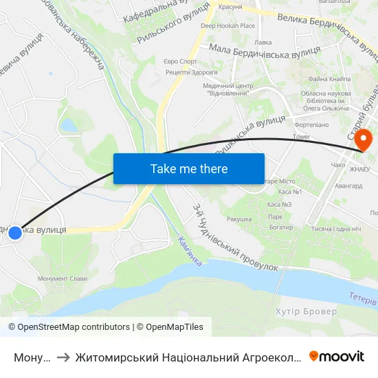 Монумент Слави to Житомирський Національний Агроекологічний Університет / Zhytomyr National Agroecological University map