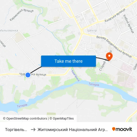 Торгівельно-Економічний Коледж to Житомирський Національний Агроекологічний Університет / Zhytomyr National Agroecological University map