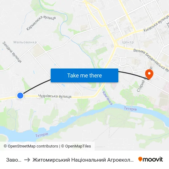 Завод Агромаш to Житомирський Національний Агроекологічний Університет / Zhytomyr National Agroecological University map