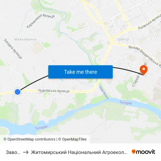 Завод Агромаш to Житомирський Національний Агроекологічний Університет / Zhytomyr National Agroecological University map