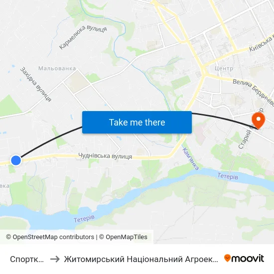 Спорткомплекс Динамо to Житомирський Національний Агроекологічний Університет / Zhytomyr National Agroecological University map