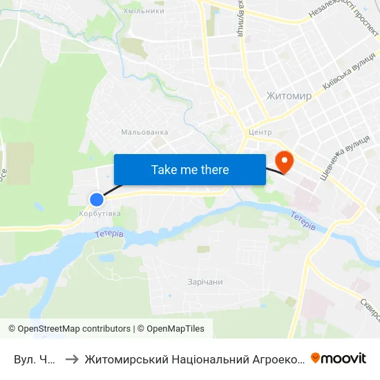Вул. Чумацький Шлях to Житомирський Національний Агроекологічний Університет / Zhytomyr National Agroecological University map