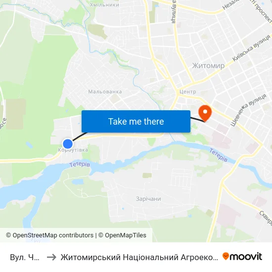 Вул. Чумацький Шлях to Житомирський Національний Агроекологічний Університет / Zhytomyr National Agroecological University map