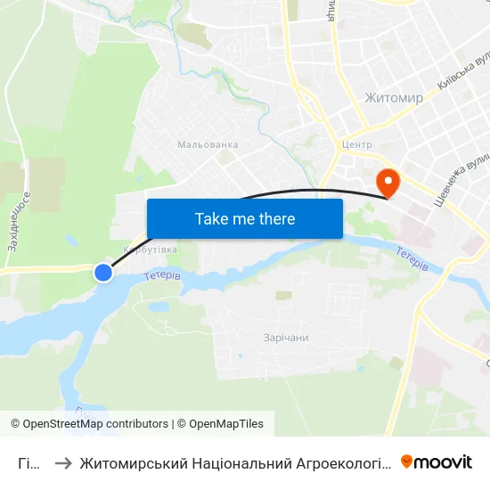 Гідропарк to Житомирський Національний Агроекологічний Університет / Zhytomyr National Agroecological University map