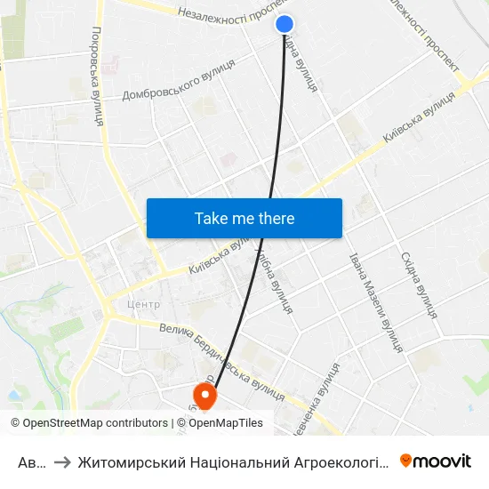 Автопарк to Житомирський Національний Агроекологічний Університет / Zhytomyr National Agroecological University map