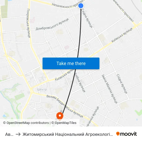 Автопарк to Житомирський Національний Агроекологічний Університет / Zhytomyr National Agroecological University map