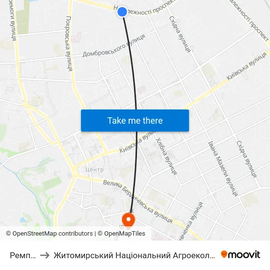 Ремпобуттехніка to Житомирський Національний Агроекологічний Університет / Zhytomyr National Agroecological University map
