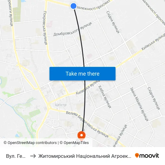 Вул. Генерала Потапова to Житомирський Національний Агроекологічний Університет / Zhytomyr National Agroecological University map