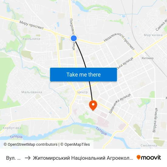 Вул. Покровська to Житомирський Національний Агроекологічний Університет / Zhytomyr National Agroecological University map