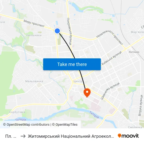 Пл. Визволення to Житомирський Національний Агроекологічний Університет / Zhytomyr National Agroecological University map