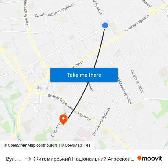Вул. Котовського to Житомирський Національний Агроекологічний Університет / Zhytomyr National Agroecological University map