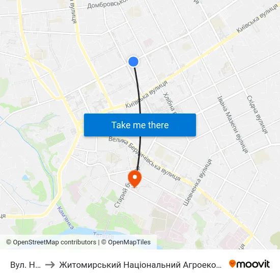 Вул. Небесної Сотні to Житомирський Національний Агроекологічний Університет / Zhytomyr National Agroecological University map