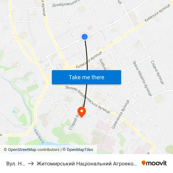 Вул. Небесної Сотні to Житомирський Національний Агроекологічний Університет / Zhytomyr National Agroecological University map