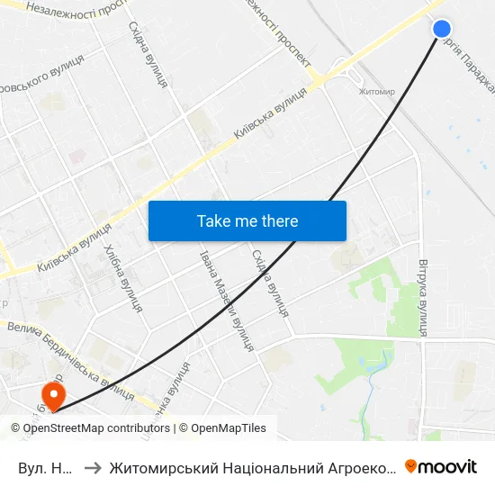 Вул. Новогоголівська to Житомирський Національний Агроекологічний Університет / Zhytomyr National Agroecological University map