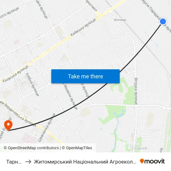 Тарний Комбінат to Житомирський Національний Агроекологічний Університет / Zhytomyr National Agroecological University map
