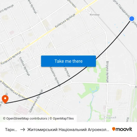 Тарний Комбінат to Житомирський Національний Агроекологічний Університет / Zhytomyr National Agroecological University map