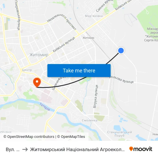 Вул. Металістів to Житомирський Національний Агроекологічний Університет / Zhytomyr National Agroecological University map