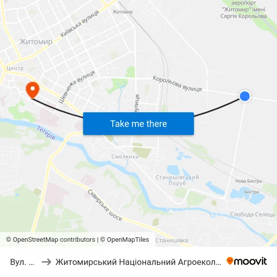 Вул. Промислова to Житомирський Національний Агроекологічний Університет / Zhytomyr National Agroecological University map